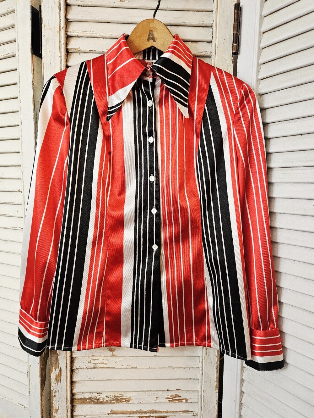 Vintage 70s Dagger Collar Satin Blouse Black White & Red Stripes Small